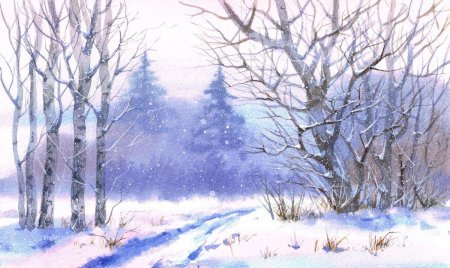 Зимний лес акварель