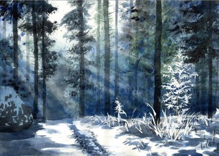 Зимний лес акварель