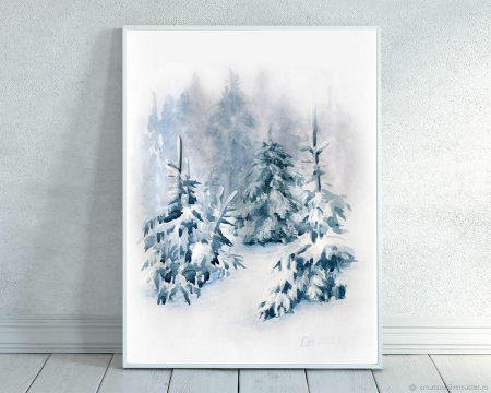 Пейзаж с елками акварелью