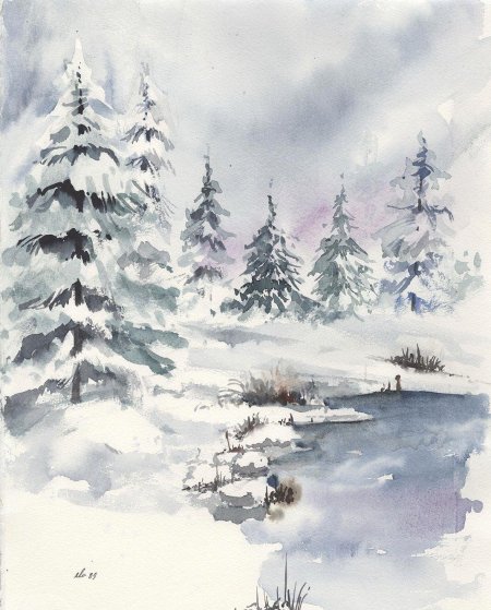 Зимний пейзаж гуашью