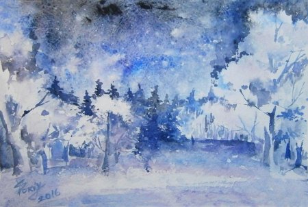 Зимний лес акварель