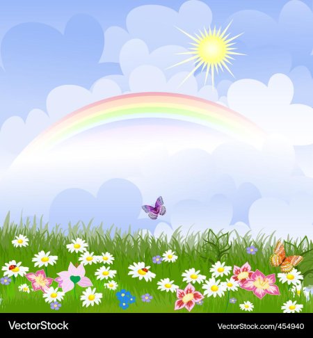Поляна с цветами и радугой