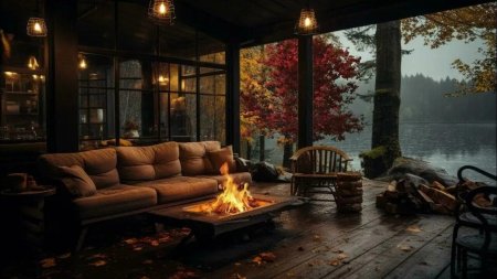 Вид из окна лес камин дождь