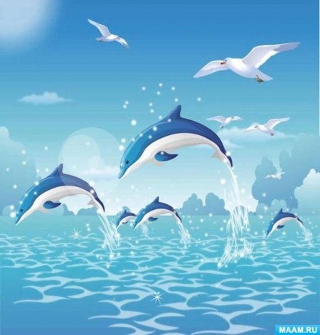 Морской пейзаж с дельфинами