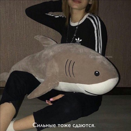Девушка с акулой игрушкой