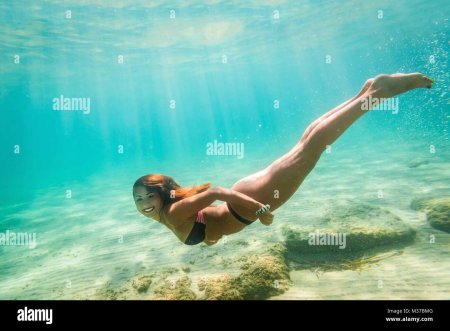 Девушка плавает в море