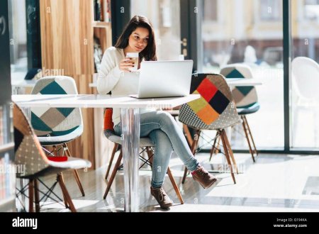 Девушка с ноутбуком в кафе