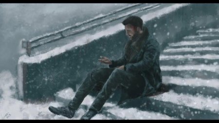 Райан Гослинг Бегущий по лезвию 2049 лежит на снегу