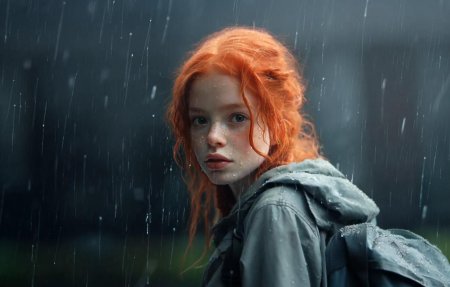 Рыжая девушка под дождем