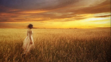 Девушка в поле со спины